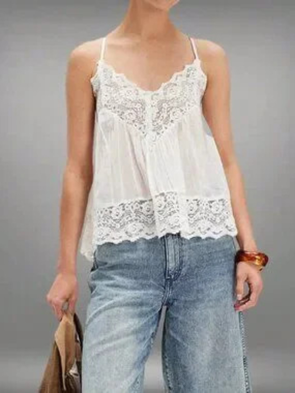 ZARA White Boho Women's Y2K Lace Babydoll Tank Top with Spaghetti Straps